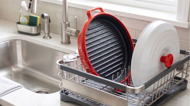 Turbo Grill pan drying in a dish rack next to a sink