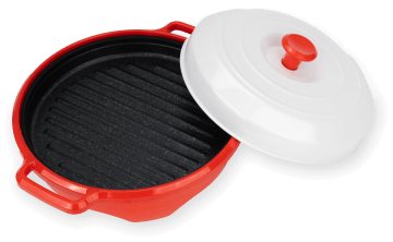 Red Rocket Chef Turbo Grill pan with its white vented lid
