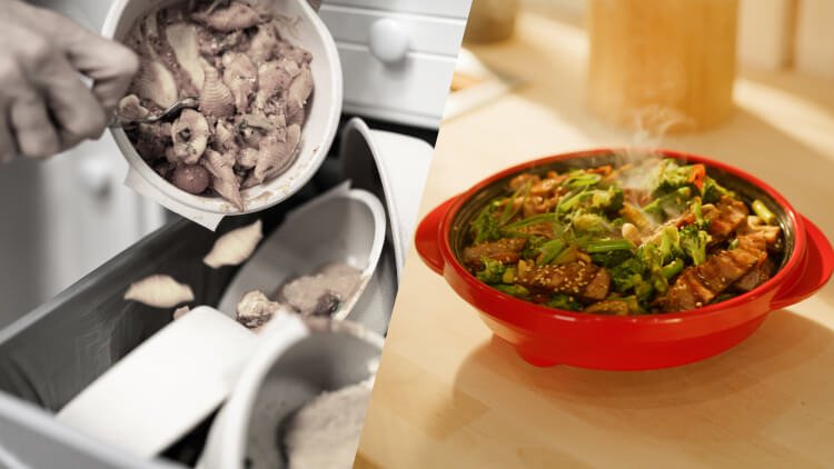 Vegetable and meat dish in the Turbo Grill on a kitchen counter